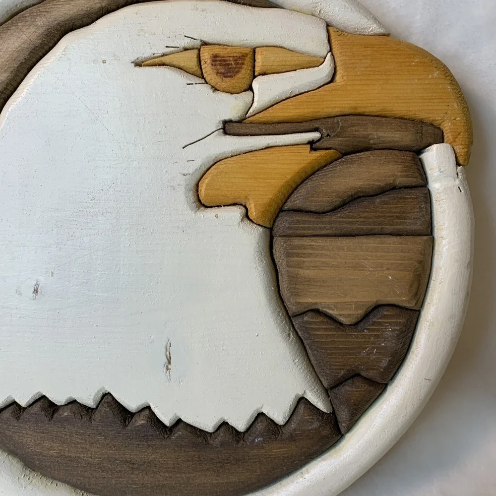 American Bald Eagle Wood Inlay Wall Decor MCM Art Piece Round‎  Handmade Stained